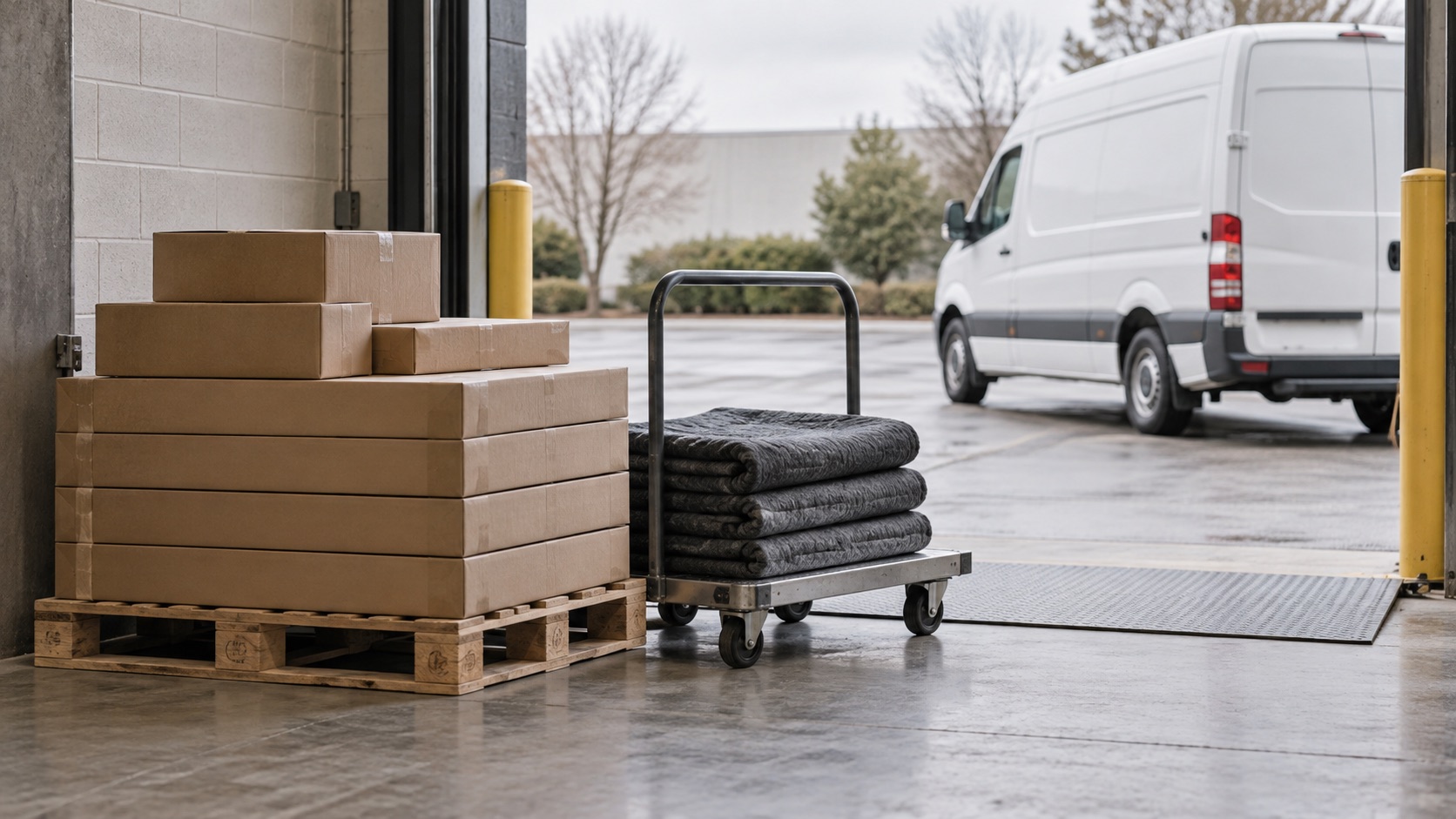 Plain packaged materials at a commercial loading bay