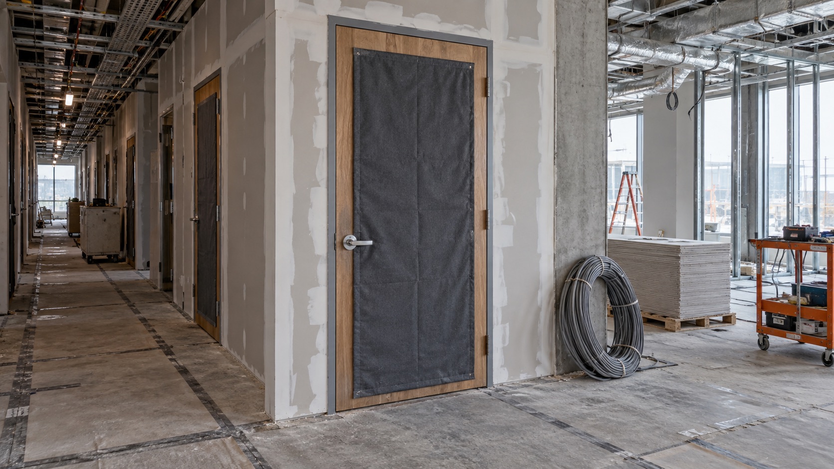 Padded door covers amid unfinished drywall and exposed services on a commercial construction site
