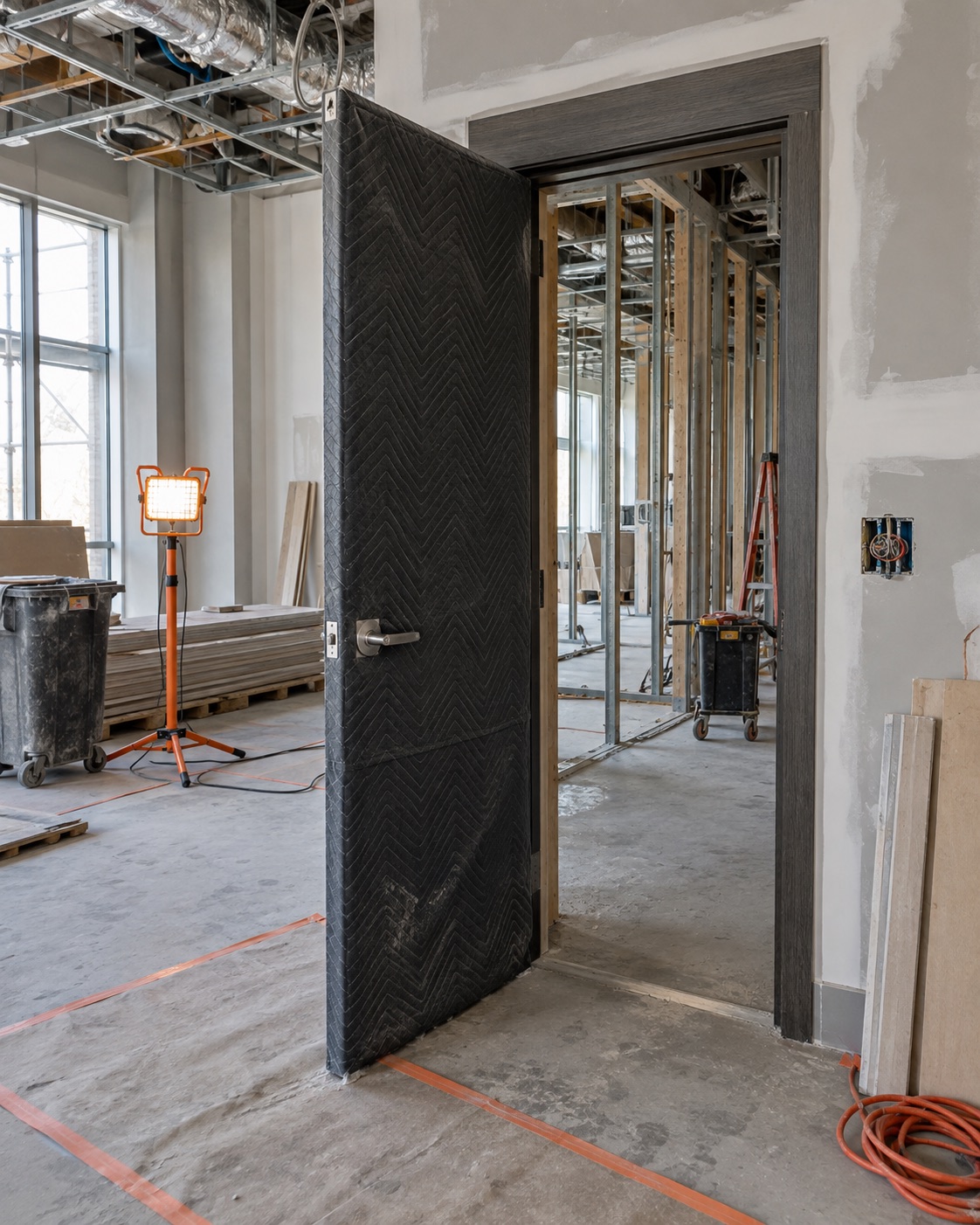 A padded door cover amid unfinished walls and exposed framing during renovation